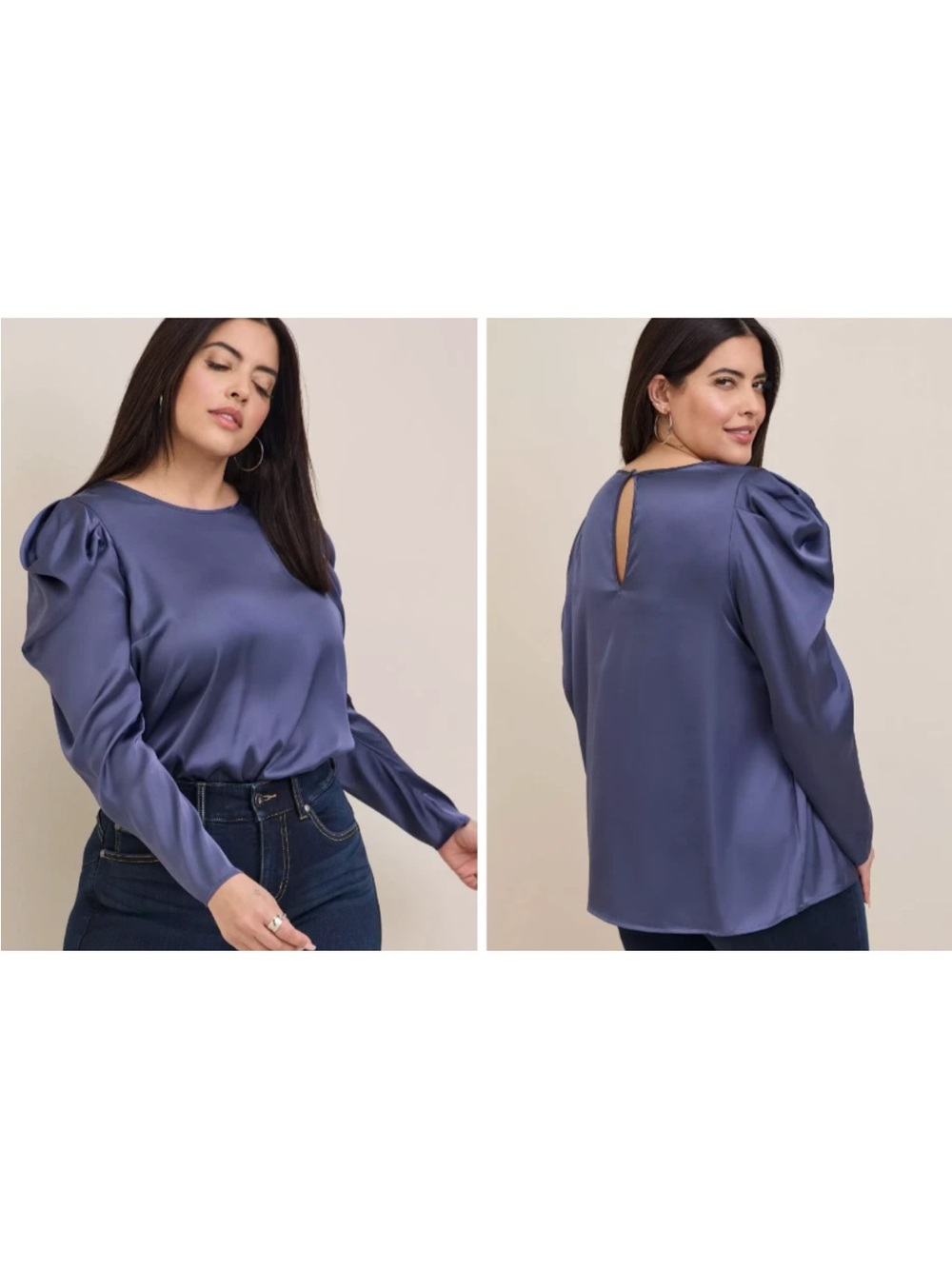 Torrid Sz 1X Satin Puff Long Sleeve Business Office Casual Blouse Crown Blue